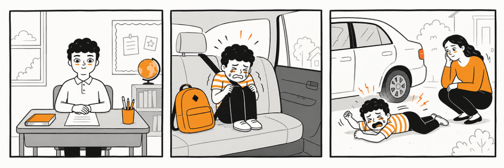cartoon of kid holding it together at school and melting down afterwards