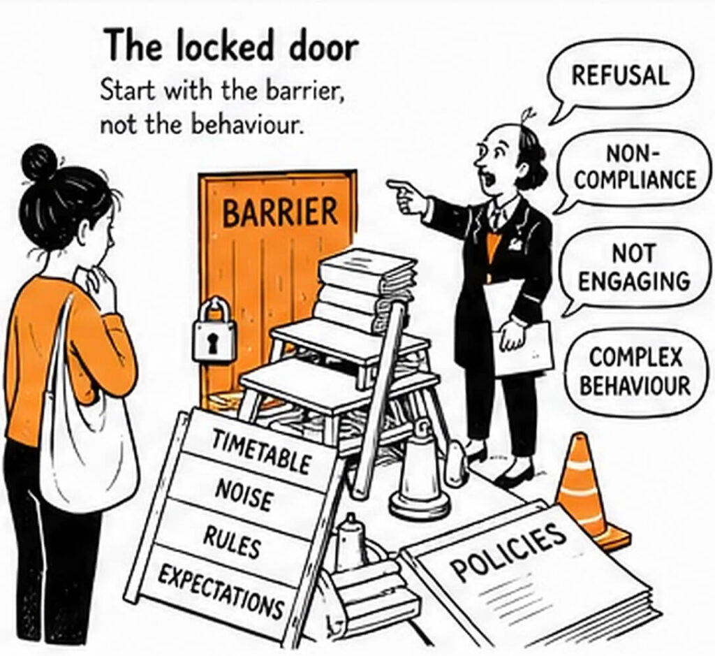 A parent points to a door labelled barrier while a school official points to labels such as refusal, non-compliance, not engaging, and complex behaviour.
