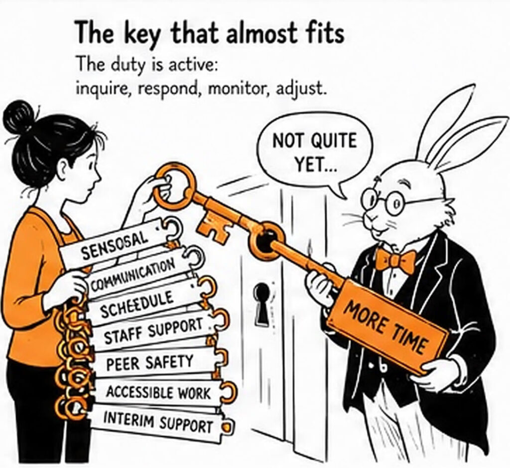 A parent holds a ring of keys labelled sensory, communication, schedule, staff support, peer safety, accessible work, and interim support while a rabbit-like official offers a large key labelled more time.