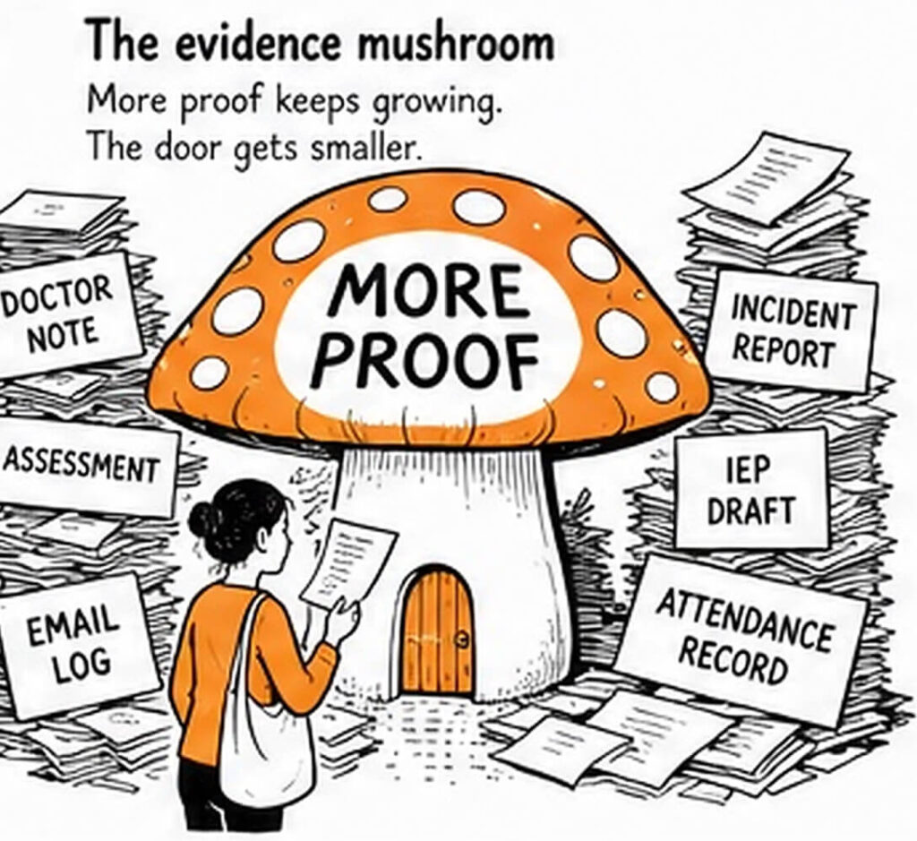 A parent stands before a giant mushroom labelled more proof, surrounded by papers labelled doctor note, assessment, email log, incident report, IEP draft, and attendance record.