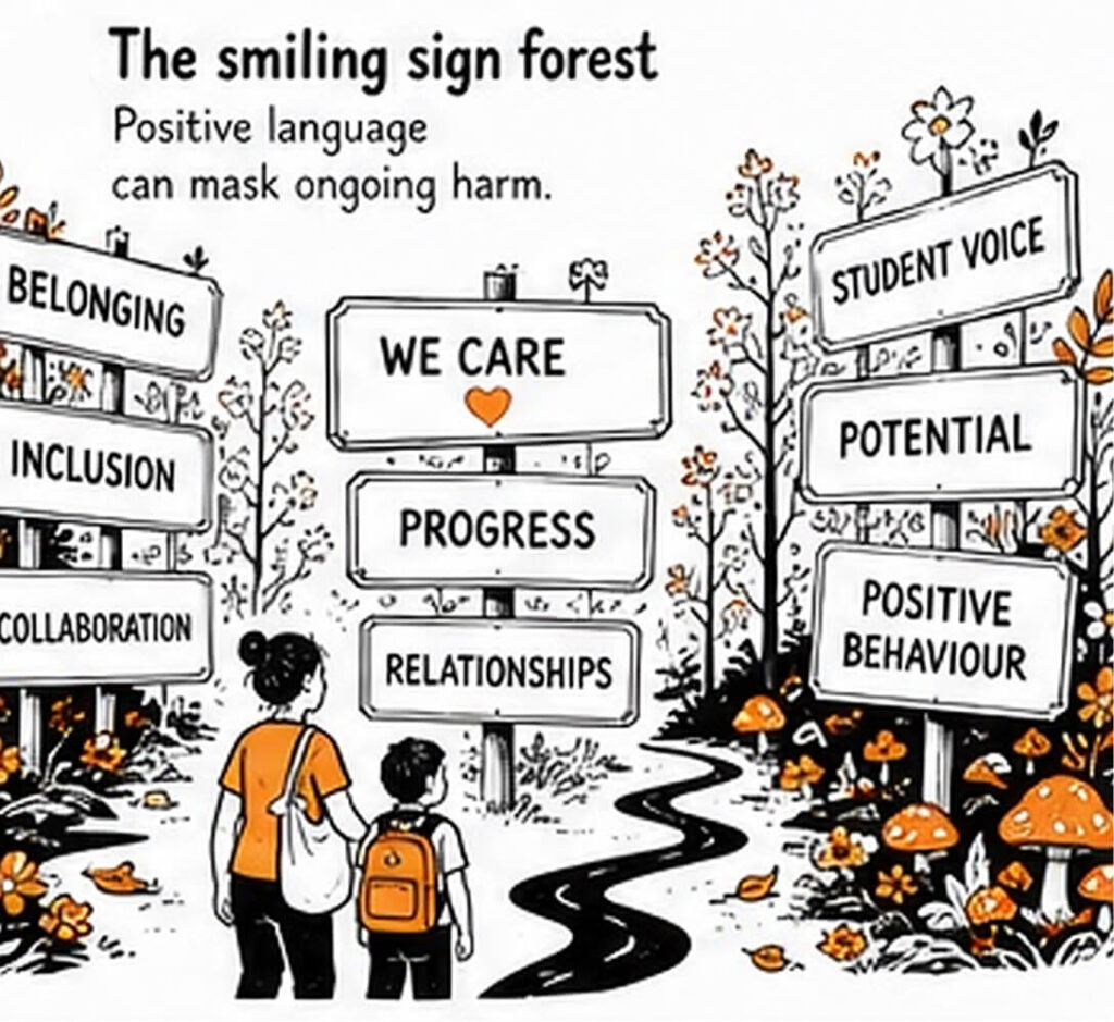 A parent and child walk through a forest of cheerful signs labelled belonging, inclusion, collaboration, we care, progress, relationships, student voice, potential, and positive behaviour.