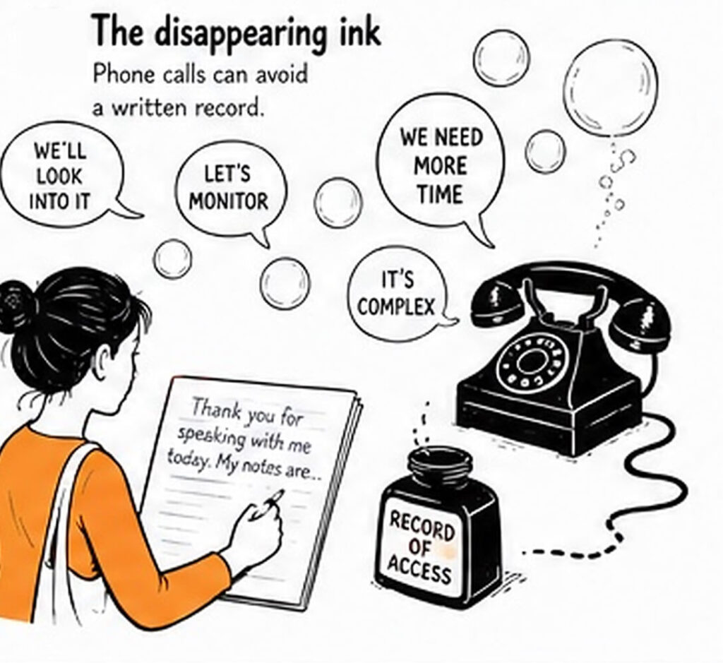 A parent writes notes after a phone call while speech bubbles float away saying we’ll look into it, let’s monitor, we need more time, and it’s complex.