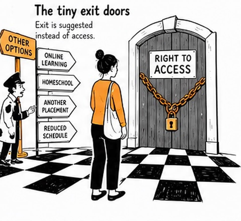 A parent stands before a large locked door labelled right to access while smaller exit signs point to online learning, homeschool, another placement, and reduced schedule.