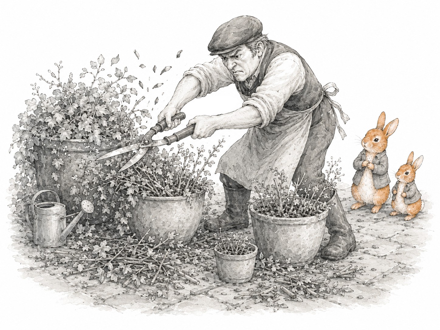 Gardener viciously pruning plants while bunnies look on in horror