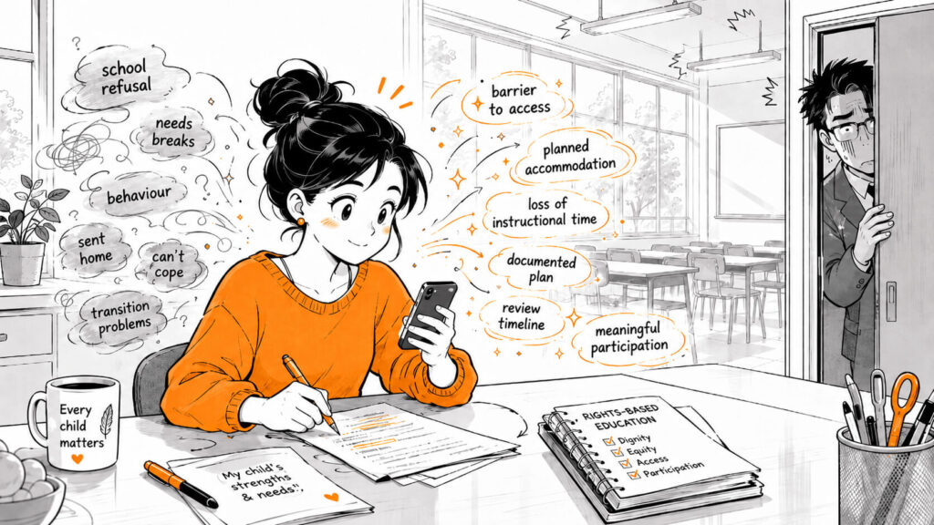 Women thinking of all sorts of clever ways to phrase her request for her child