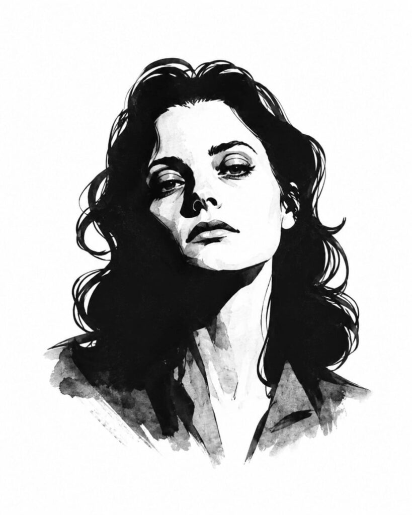 Black and white ink illustration of a woman's face with wavy hair, looking slightly upward.