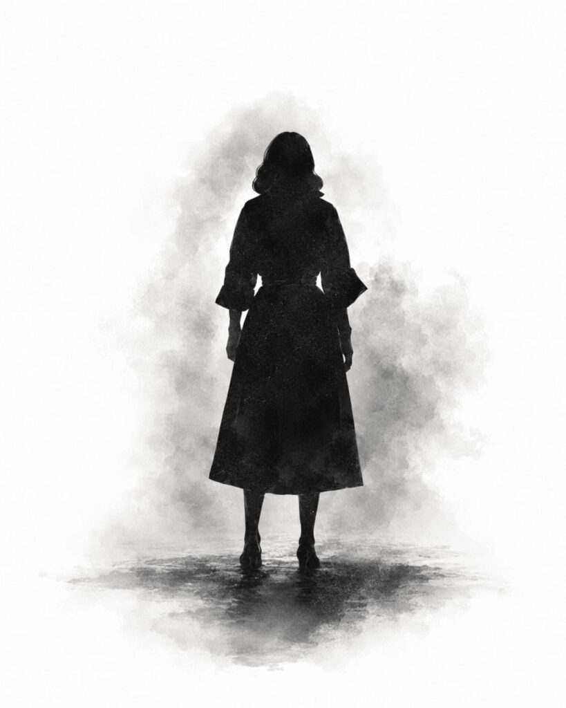 Silhouette of a person in a long coat standing facing away, shrouded in mist.