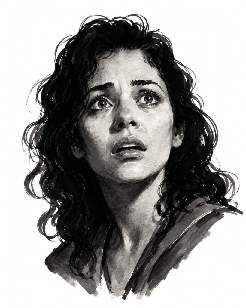 Monochrome watercolor portrait of a woman with wavy dark hair, looking up with a surprised expression.