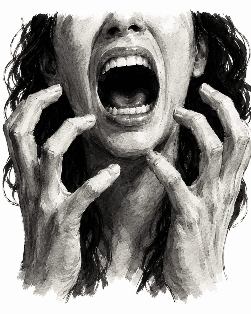 Black-and-white illustration of a person screaming with mouth wide open and hands gripping the sides of their face.