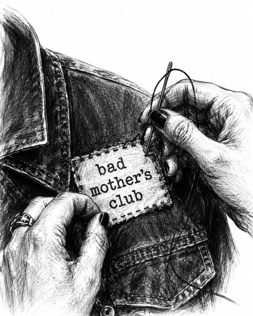 Women sewing patch that says bad mothers club