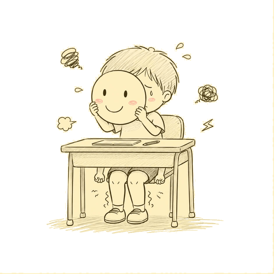Child sitting at a desk with a mask in front of his face