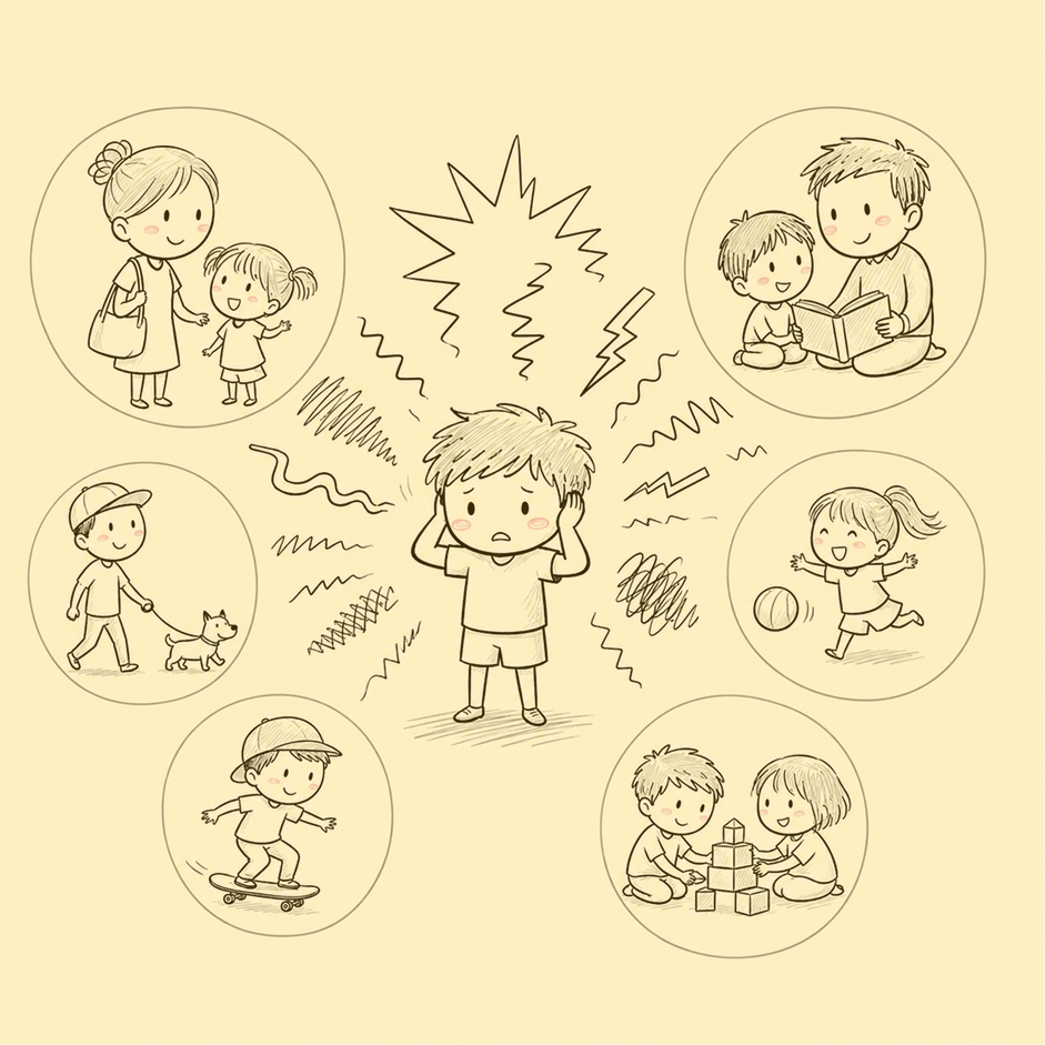 Child and their internal thoughts and thought bubbles surrounding them