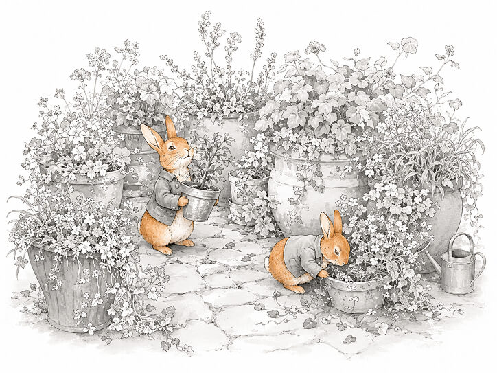Bunny is surrounded by lush planters