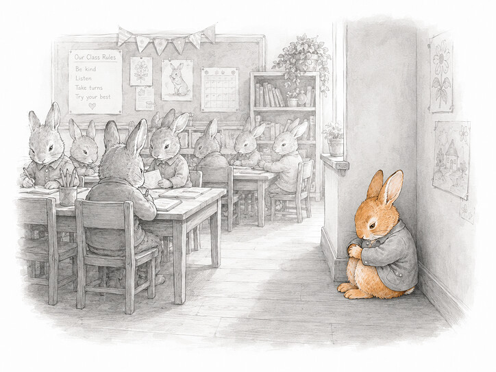 Bunny looking sad in the corner while the rest of the bunnies are learning at desks in the classroom