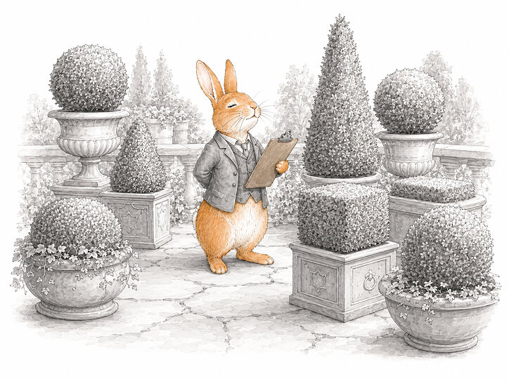 Bunny looking very pleased as he looks at checklist surrounded by sculpted hedges