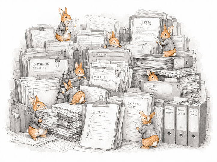 Bunnies looking at stacks and stacks of papers and forms that seem to be compliance related