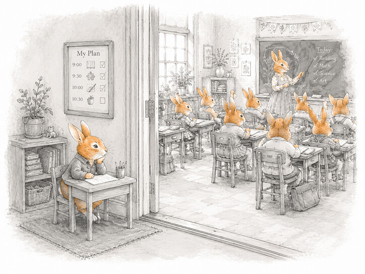 Bunny isolated out in the hall while the rest of the bunnies learn in the classroom