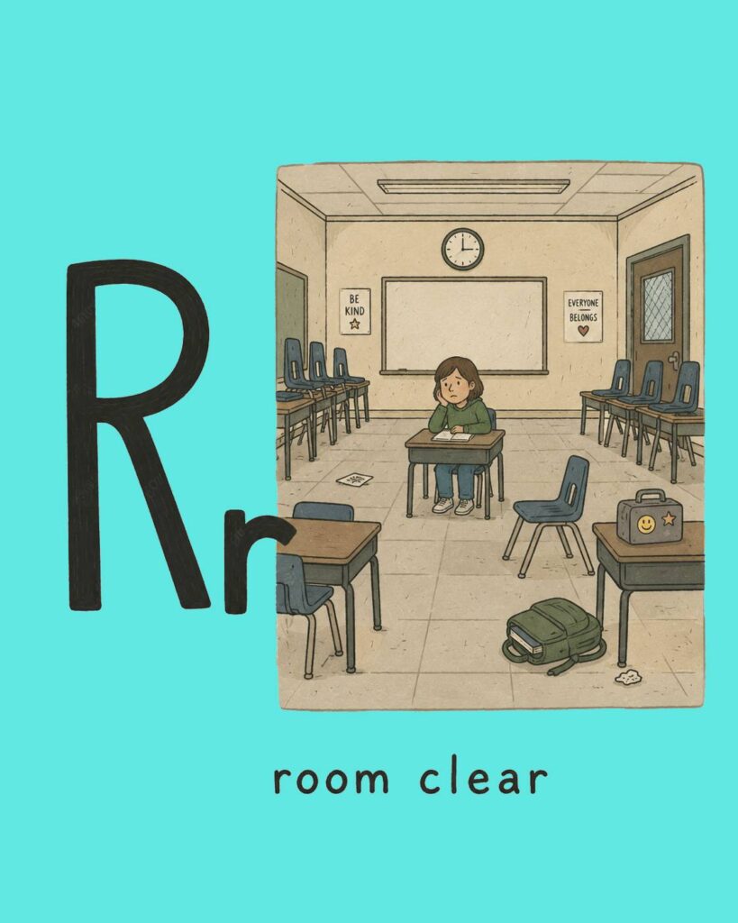 Child alone in the middle of a classroom illustrating room clear