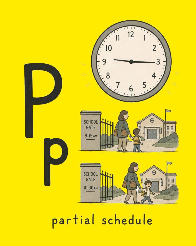 Women dropping her Child off and picking Child up an hour later illustrating partial schedules