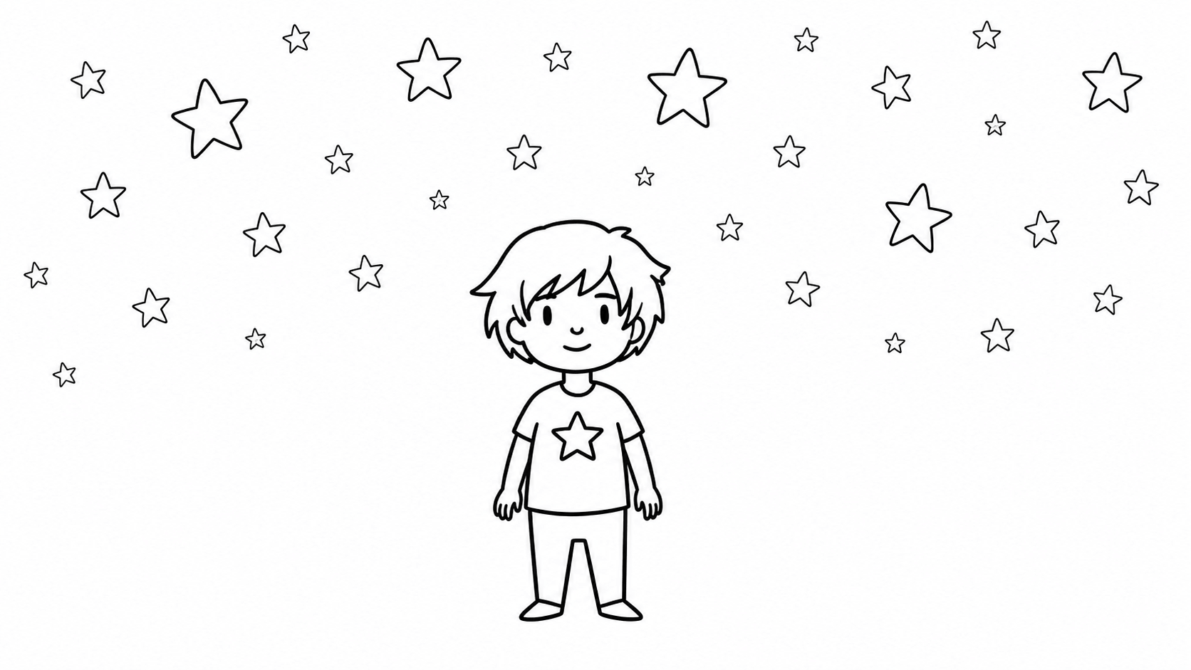 gender neutral child with star shirt and stars behind all black-and-white