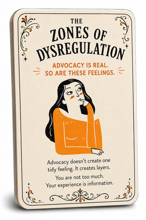 Illustrated playing card titled The Zones of Dysregulation, showing a thoughtful parent in orange with the text: Advocacy is real. So are these feelings.