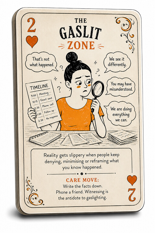 Playing-card style illustration of a worried parent holding a timeline and magnifying glass while speech bubbles deny and minimise what happened.