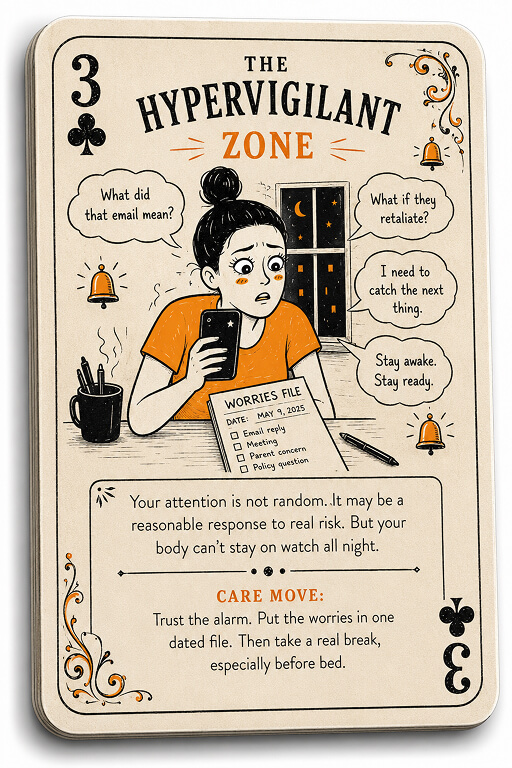 Playing-card style illustration of an anxious parent checking a phone at night beside a dated worries file and alarm bells.