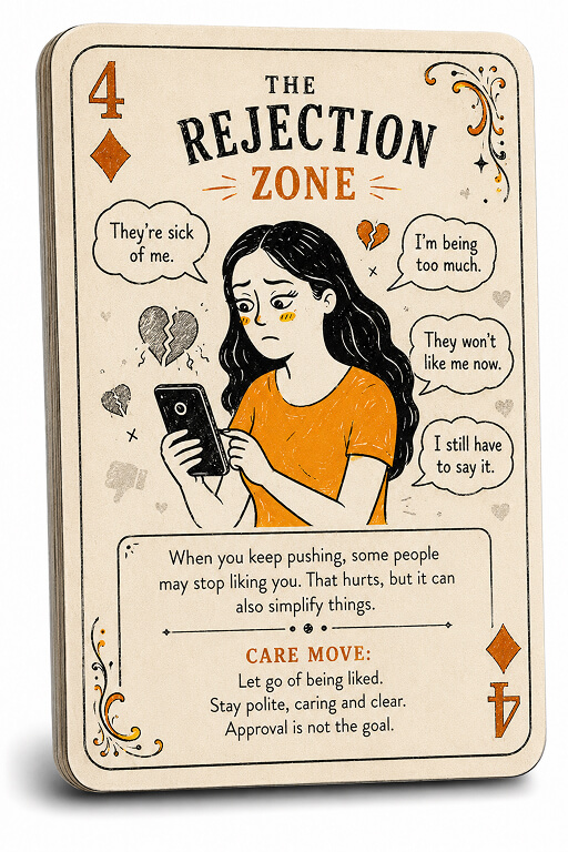 Playing-card style illustration of a sad parent holding a phone while broken hearts and speech bubbles show fears of being disliked or too much.