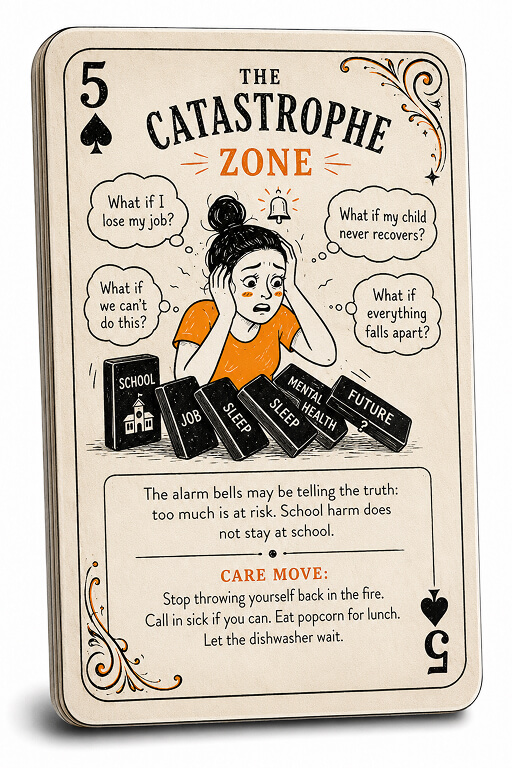 Playing-card style illustration of a frightened parent holding their head as dominoes labelled school, job, sleep, mental health, and future fall over.