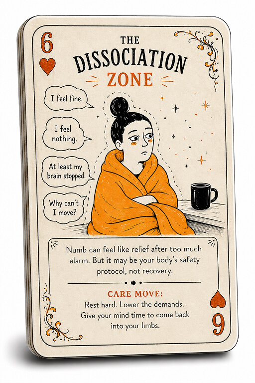 Playing-card style illustration of a numb parent wrapped in an orange blanket, with speech bubbles saying I feel fine, I feel nothing, and Why can’t I move?