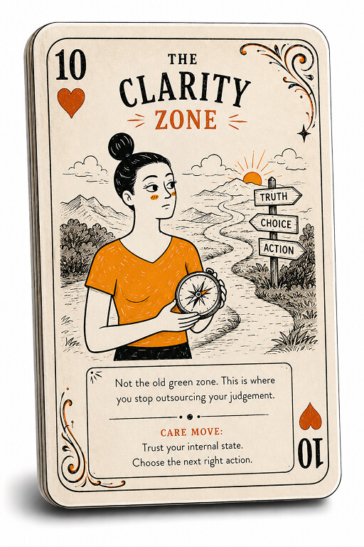 Playing-card style illustration of a parent holding a compass on a path toward signs labelled truth, choice, and action.