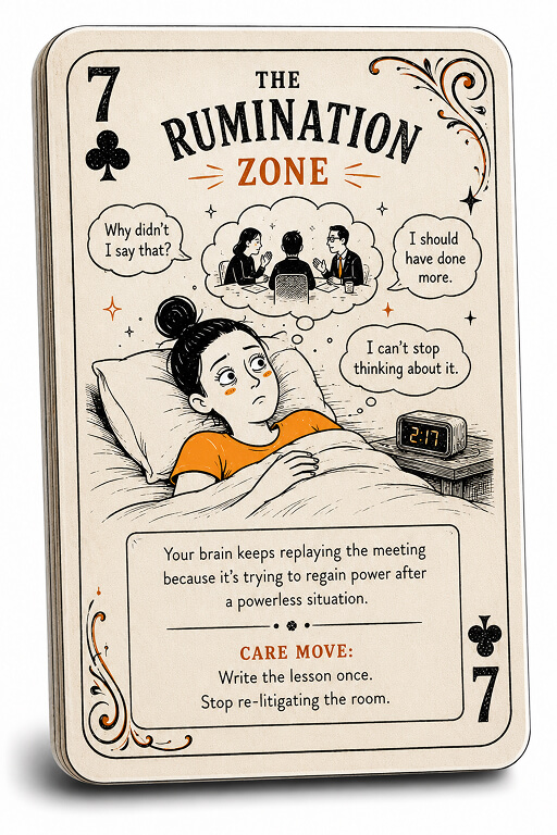 Playing-card style illustration of a parent awake in bed at 2:17, replaying a school meeting in thought bubbles.