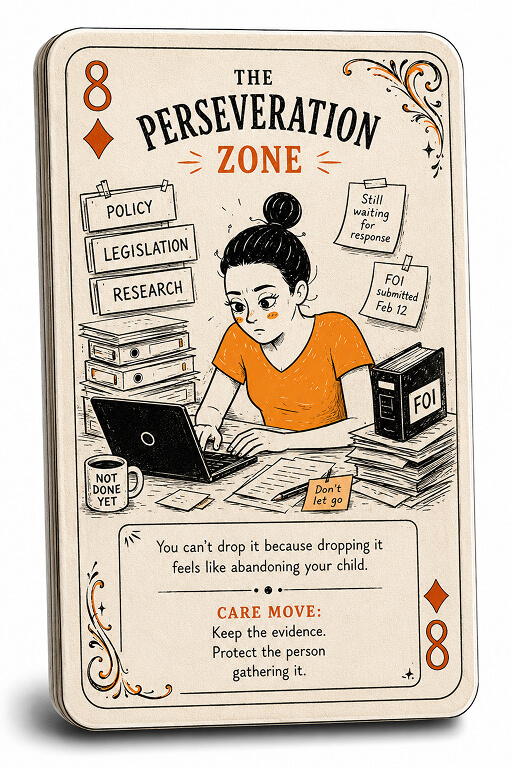 Playing-card style illustration of a focused parent working at a laptop surrounded by policy, legislation, research, FOI notes, and piles of documents.