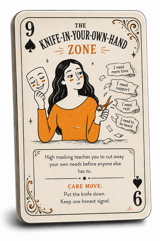 Playing-card style illustration of a parent holding a smiling mask and scissors, cutting away papers labelled with needs such as time, support, rest, and being heard.