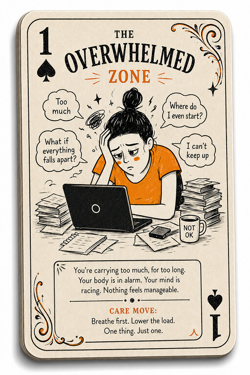 zone Playing-card style illustration of an exhausted parent at a laptop surrounded by papers, worry bubbles, and the words Too much and Where do I even start?