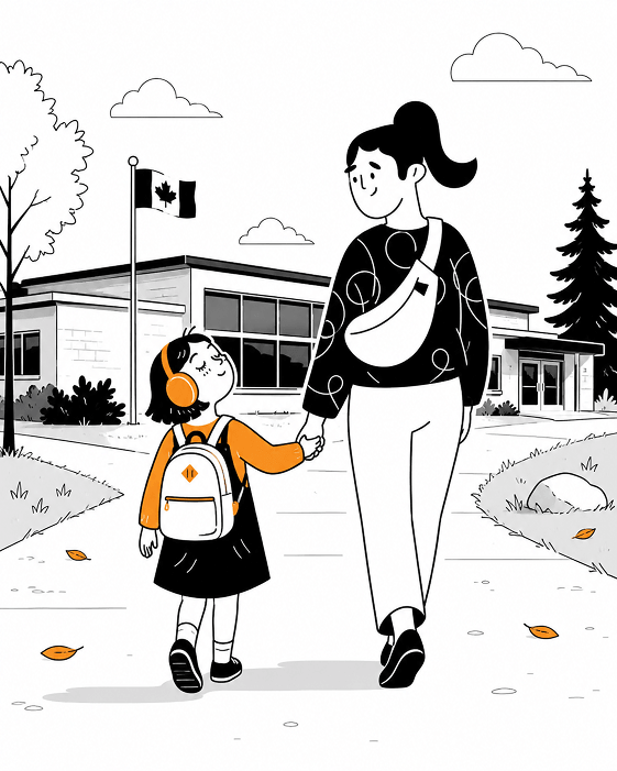 Mom and daughter walking to school