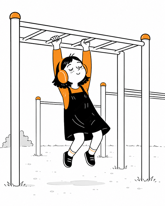 Girl on monkey bars with eyes closed