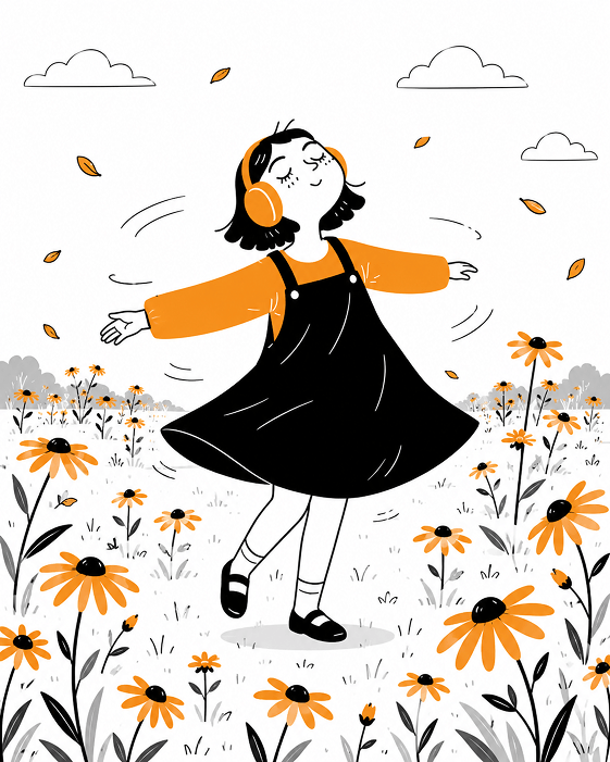 Girl spinning in a field of black eyed Susans with headphones and eyes closed