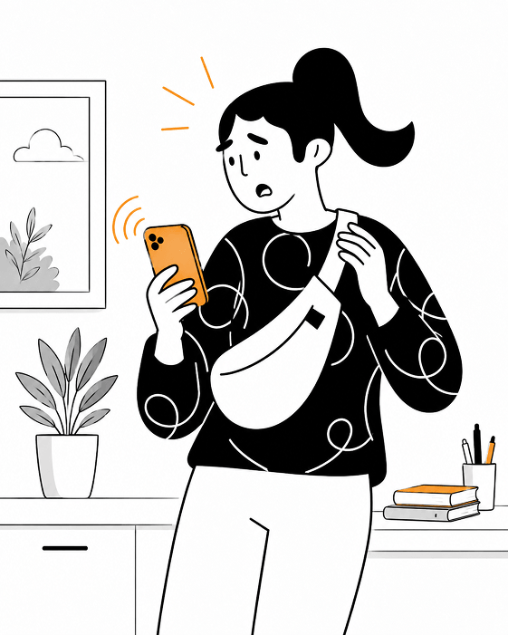 Mom looking at cell phone with alarm