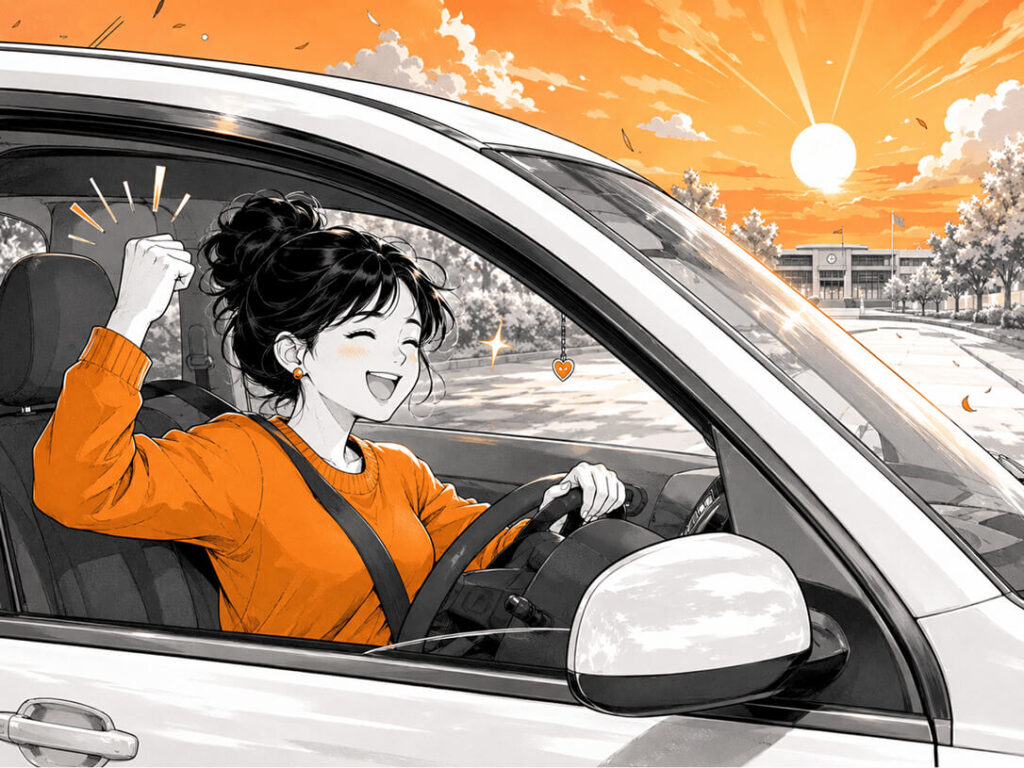 Woman looking triumph in car