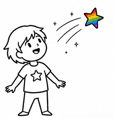 gender neutral child with star shirt with rainbow shooting star