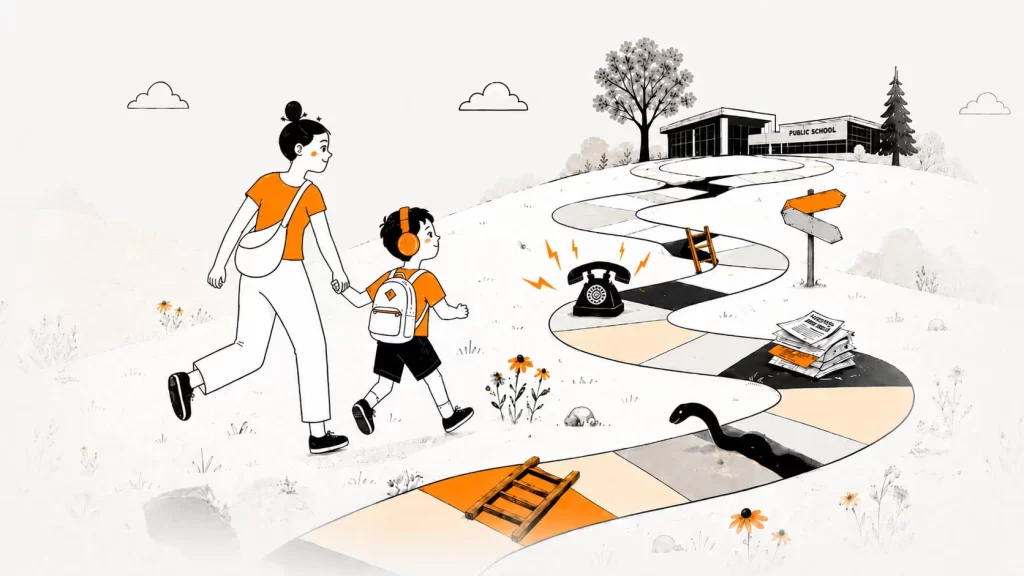 Woman and child tried to get to elementary school facing numerous obstacles almost like a game board