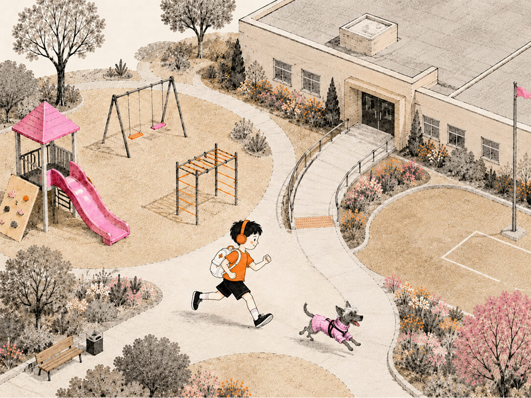 Boy running on the school grounds aerial shot