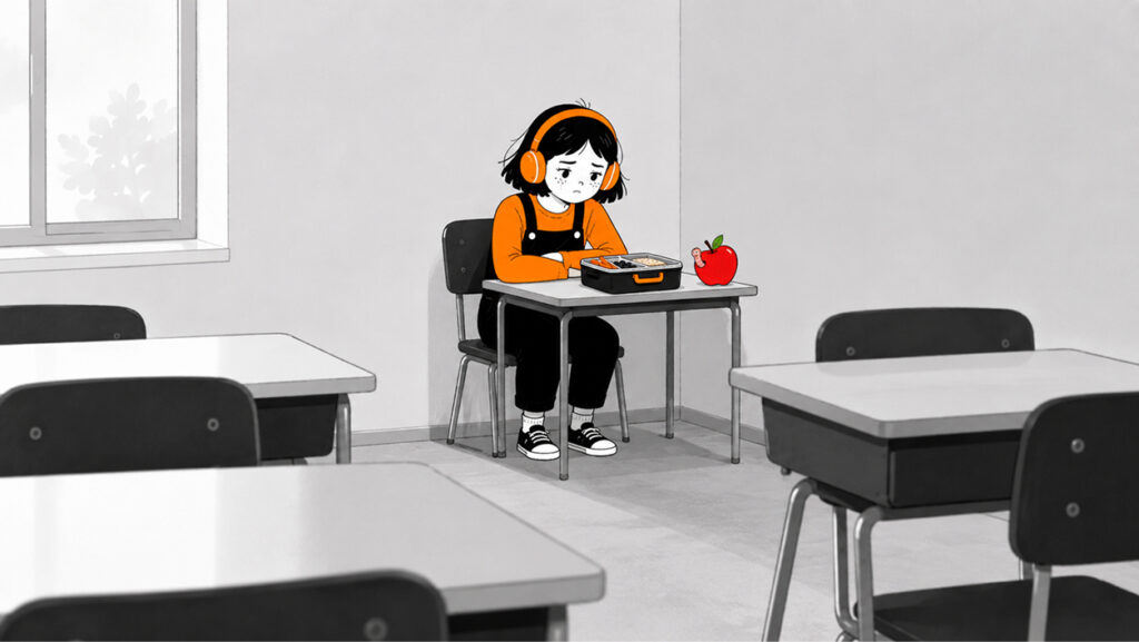 girl at back of room in isolated desk with lunch