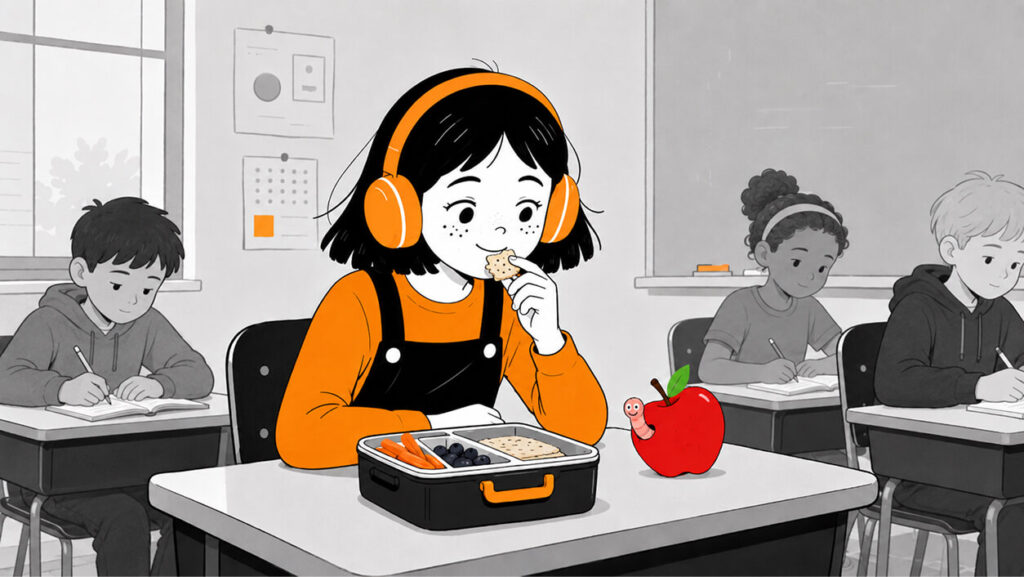 girl snacking at desk