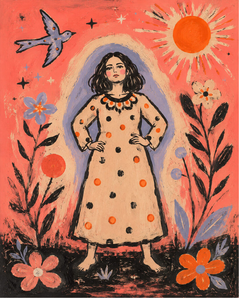 girl looking empowered with bird and sun and flowers