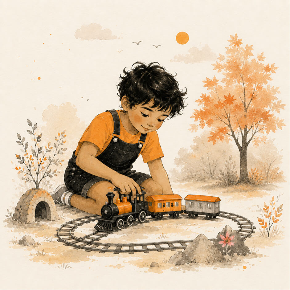 child playing with train