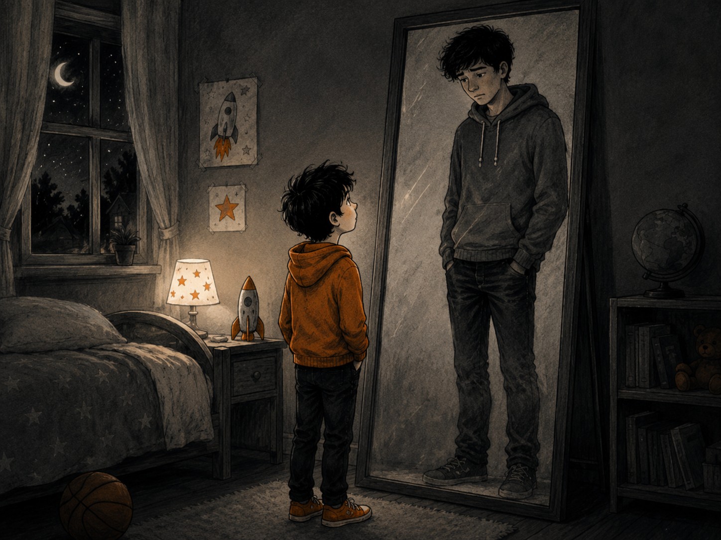 Boy looking at older version of himself in the mirror
