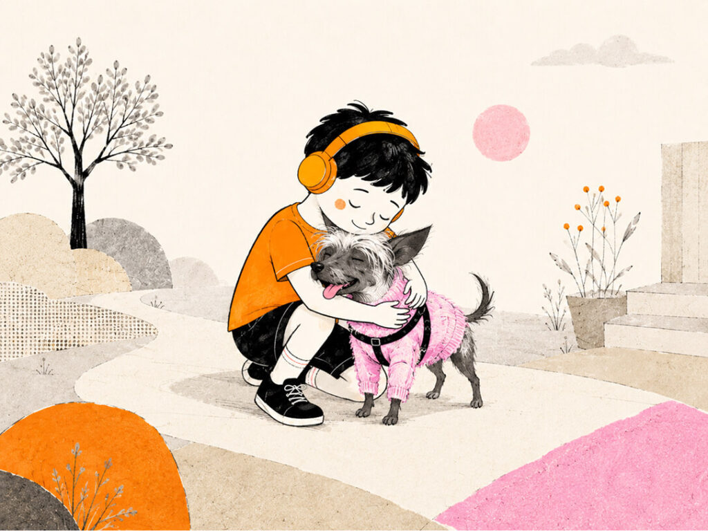 boy hugging dog