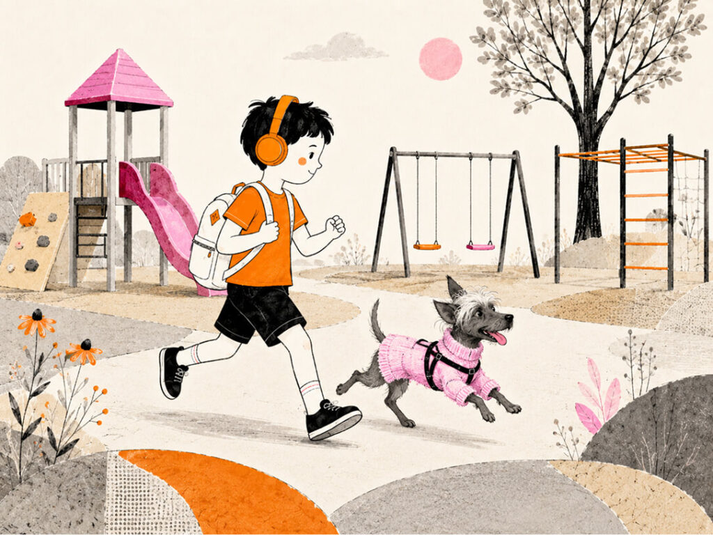 boy with dog running at park